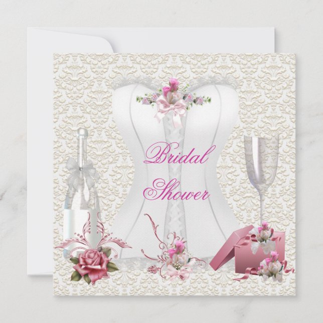 Pretty Bridal Shower White Pink Corset Floral Invitation (Front)