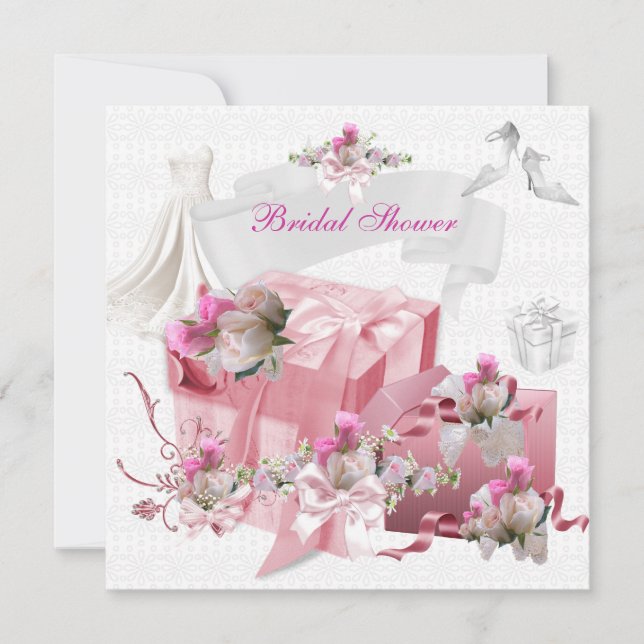 Pretty Bridal Shower White Pink Gifts Flowers Invitation (Front)