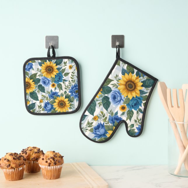 PRETTY BRIGHT BLUE WHITE YELLOW SPRING FLOWERS OVEN MITT & POT HOLDER SET (Insitu(Hanging))