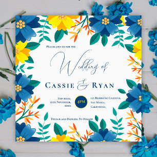 Pretty Bright Blue Yellow Floral Romantic Wedding Invitation