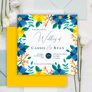 Pretty Bright Blue Yellow Floral Romantic Wedding Invitation