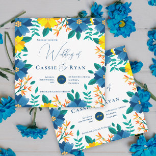 Pretty Bright Blue Yellow Floral Romantic Wedding Invitation