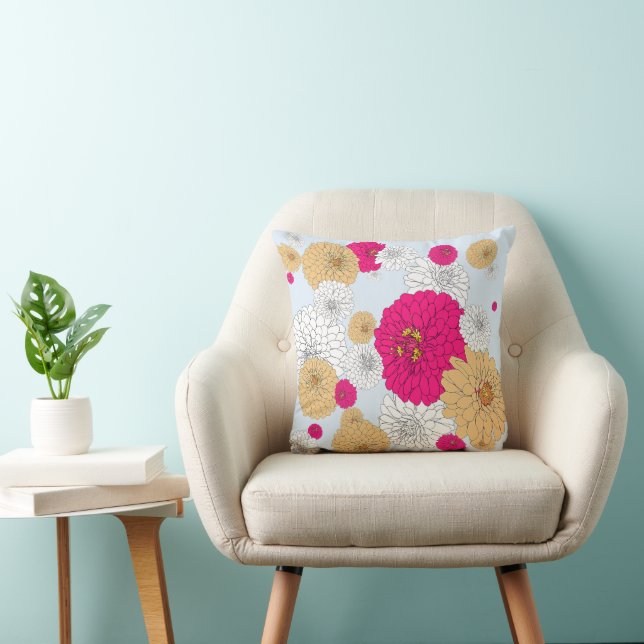 Pretty Bright Floral Pillow Pink Tan Blue  (Chair)