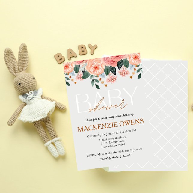 Pretty Bright-Grey Floral Blush Baby Shower Invitation (Creator Uploaded)