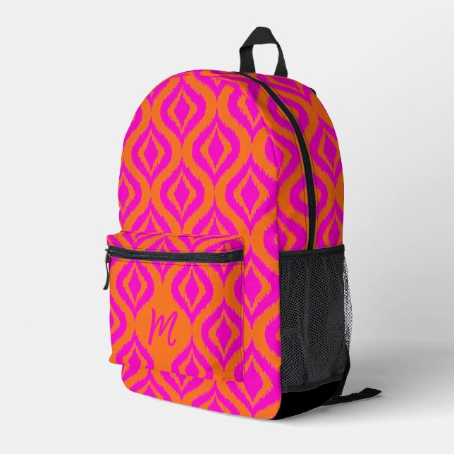 Pretty Bright Orange Hot Pink Ikat Art Pattern Printed Backpack (Back Corner Right)