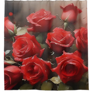 Pretty bright red roses garden watercolor painting shower curtain