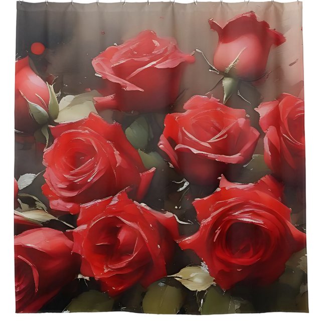 Pretty bright red roses garden watercolor painting shower curtain (Front)