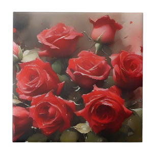 Pretty bright red roses garden watercolor painting tile