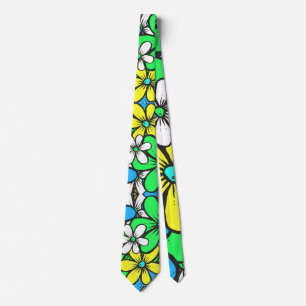 Pretty Bright Summer Flowers Blue Yellow and Green Tie