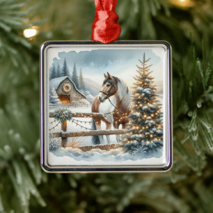 Pretty Brown and White Horse Festive Christmas   Metal Tree Decoration