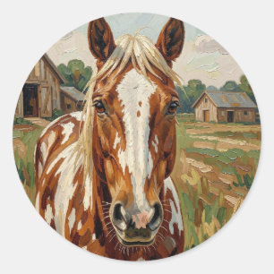 Pretty Brown and White Horse on a Rustic Farm Classic Round Sticker