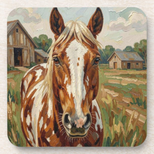 Pretty Brown and White Horse on a Rustic Farm Coaster