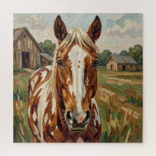 Pretty Brown and White Horse on a Rustic Farm Jigsaw Puzzle
