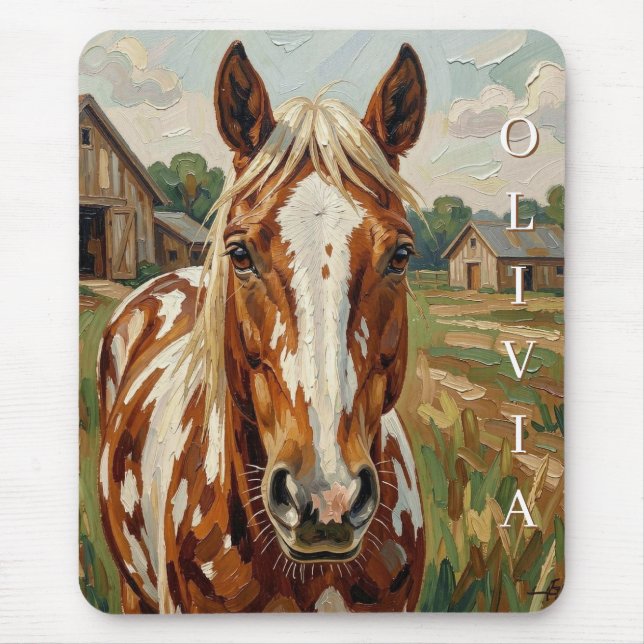 Pretty Brown and White Horse Personalised Mouse Mat (Front)