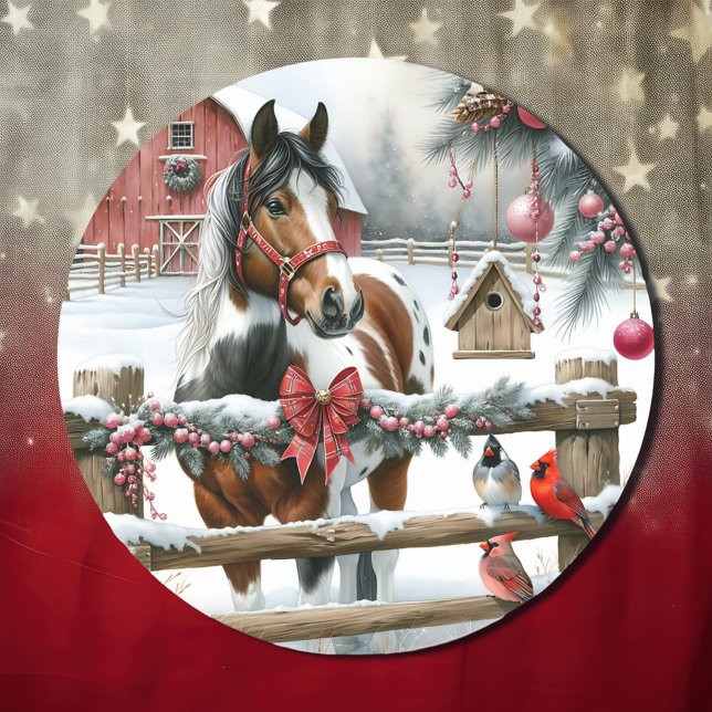 Pretty Brown and White Horse Rustic Farm Christmas Classic Round Sticker (Creator Uploaded)