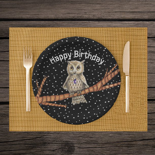 Pretty Brown Birthday Owl Crystal Necklace Black Paper Plate