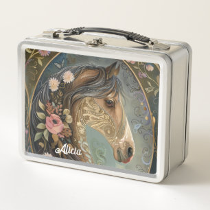 Pretty Brown Fantasy Horse in Enchanted Forest Metal Lunch Box