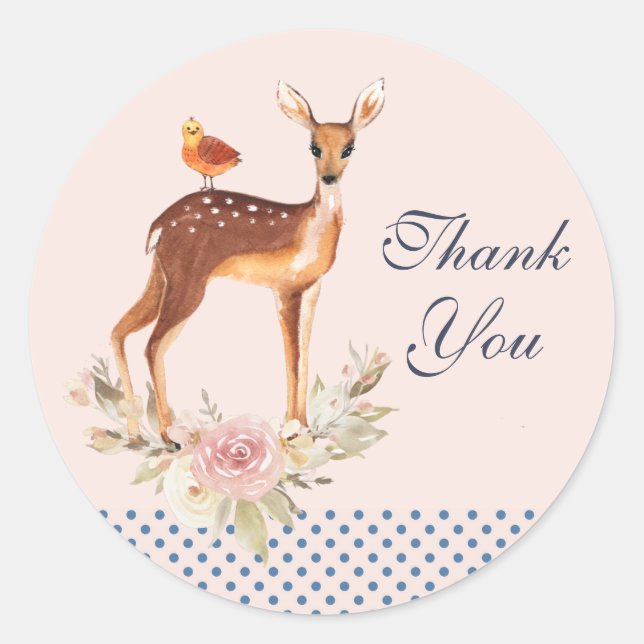 Pretty Brown Fawn with Bird and Roses Thank You Classic Round Sticker (Front)