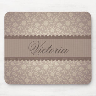 Pretty Brown Floral Pattern Custom Text Mouse Mat