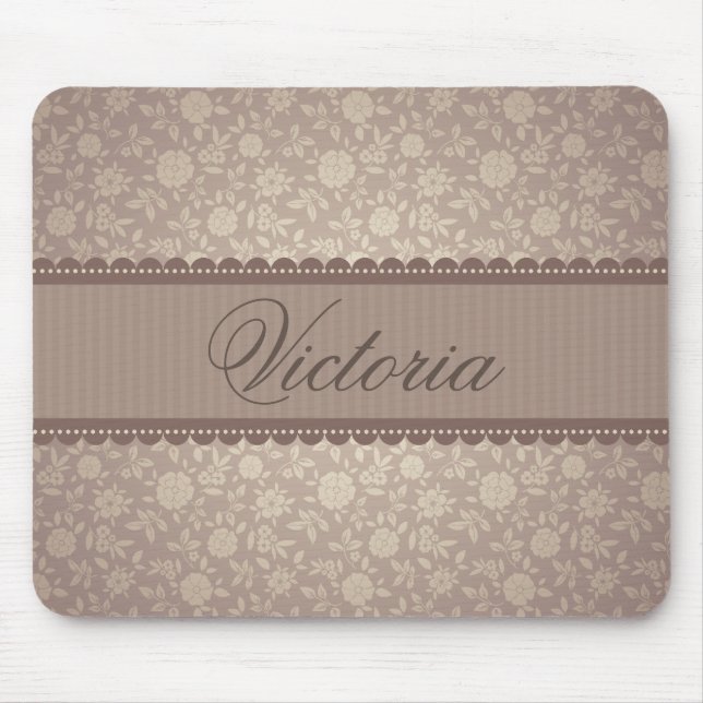 Pretty Brown Floral Pattern Custom Text Mouse Mat (Front)