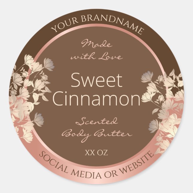 Pretty Brown Floral Product Labels Rose Gold Frame (Front)