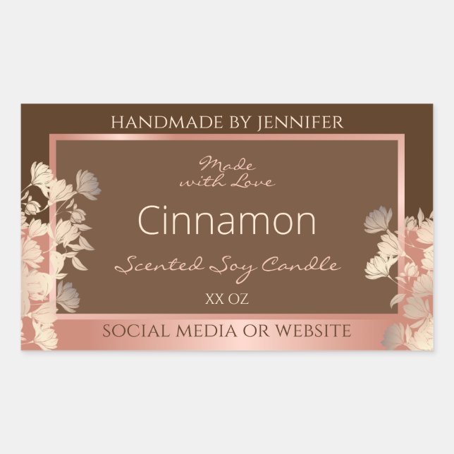 Pretty Brown Floral Product Labels Rose Gold Frame (Front)
