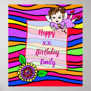 Pretty Brown Hair Fairy Girl Happy Birthday Poster