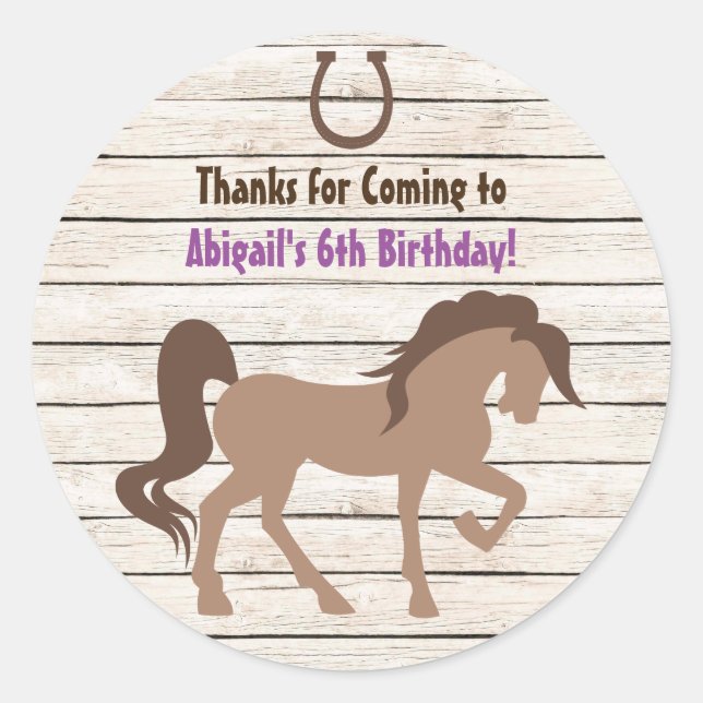 Pretty Brown Horse and Barn Wood Girls Birthday Classic Round Sticker (Front)