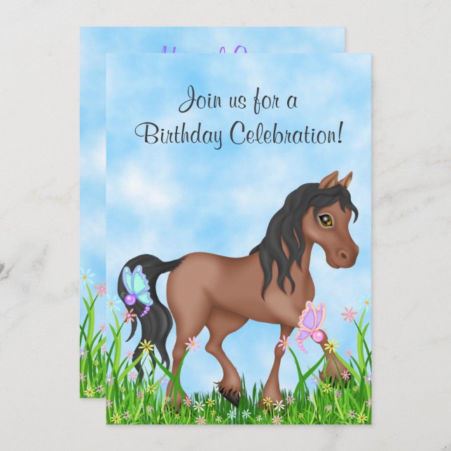 Pretty Brown Horse and Butterflies Birthday Invitation (Front/Back)