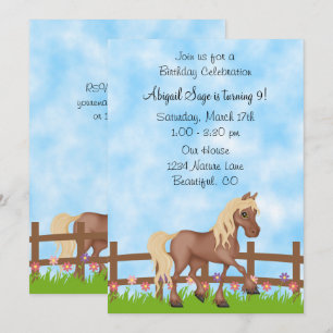 Pretty Brown Horse, Fence and Flowers Birthday Invitation