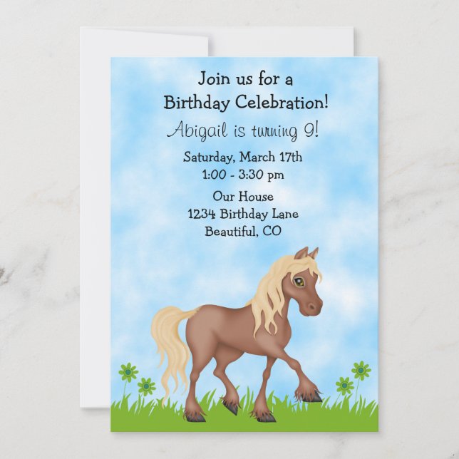 Pretty Brown Horse Girls Birthday Invitation (Front)
