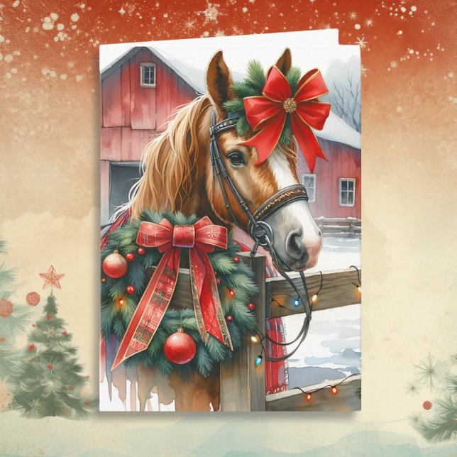 Pretty Brown Horse in Red Bow Christmas Card (Creator Uploaded)
