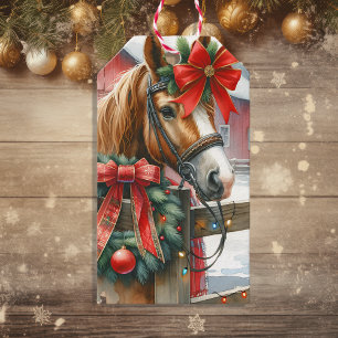 Pretty Brown Horse in Red Bow Christmas Gift Tags