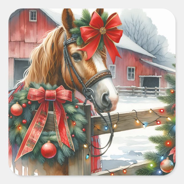 Pretty Brown Horse in Red Bow Christmas Square Sticker (Front)