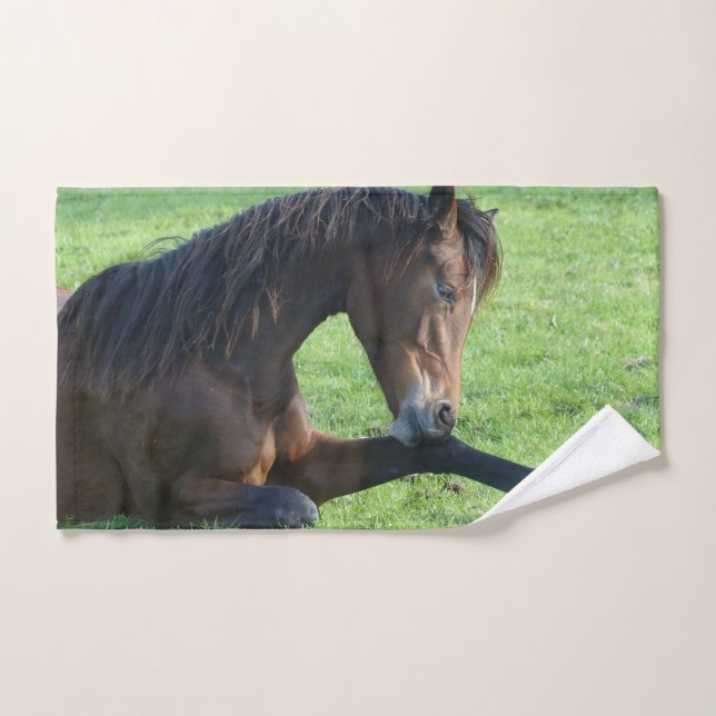 Pretty Brown Horse Laying in the Grass Hand Towel (Hand Towel)