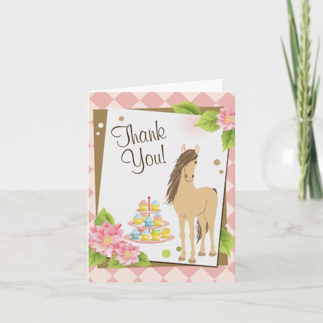 Pretty Brown Horse, Pink Flowers and Cupcakes Thank You Card (Front)