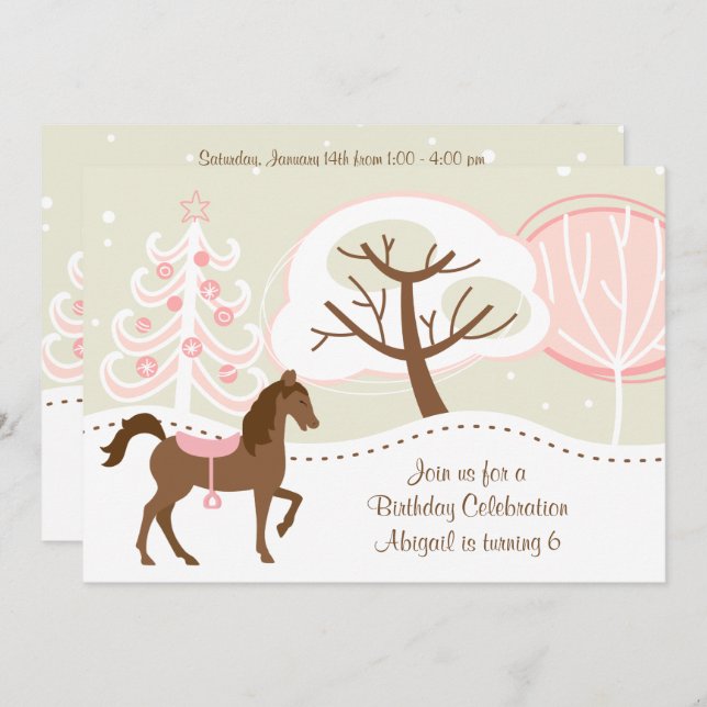 Pretty Brown Horse Snowy Winter Birthday Party Invitation (Front/Back)