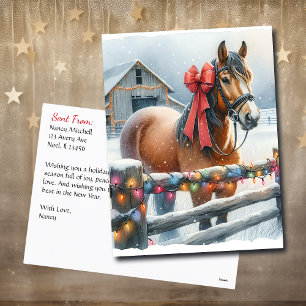 Pretty Brown Horse with Bow And Barn Christmas Postcard