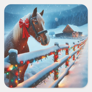 Pretty Brown Horse with Bow Christmas   Square Sticker