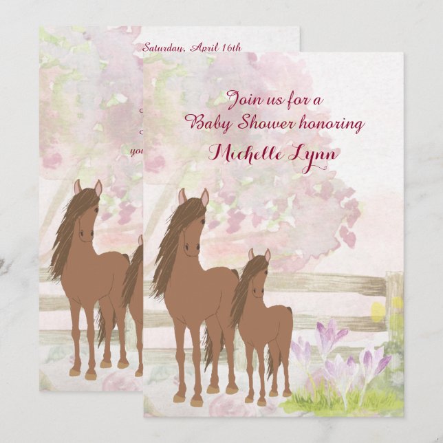 Pretty Brown Horses and Flowers Baby Shower Invite (Front/Back)