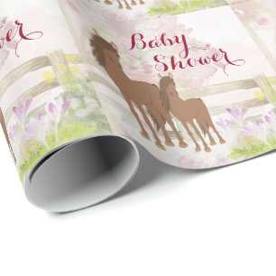 Pretty Brown Horses and Flowers Baby Shower Wrapping Paper
