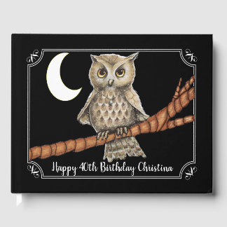 Pretty Brown Owl Blue Necklace Moon White Frame Guest Book