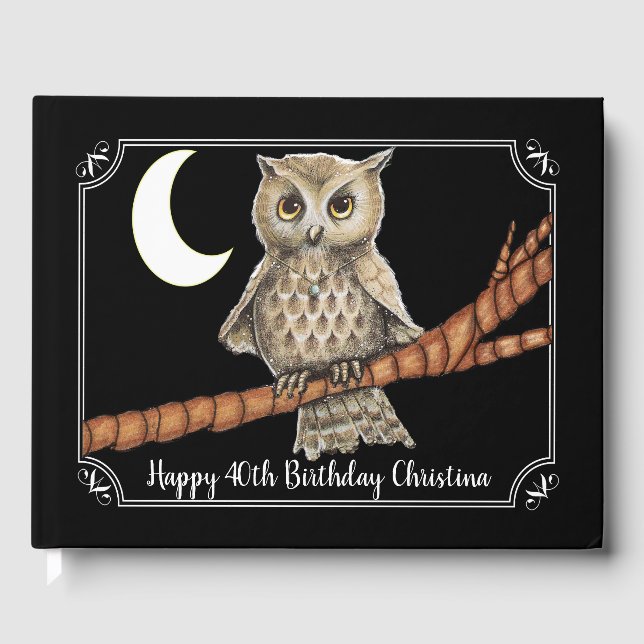 Pretty Brown Owl Blue Necklace Moon White Frame Guest Book (Front)