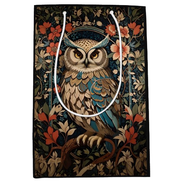 Pretty Brown Owl William Morris Inspired Floral  Medium Gift Bag (Front)