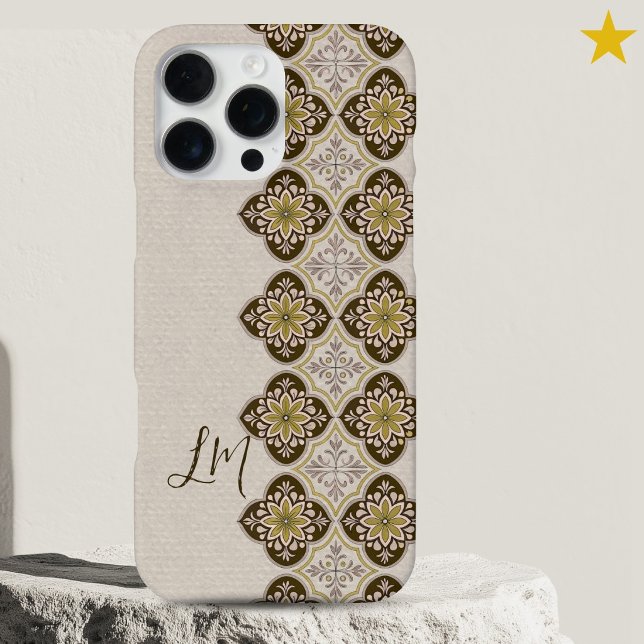 Pretty Brown Yellow Portuguese Tiles Monogram  iPhone Case (Creator Uploaded)