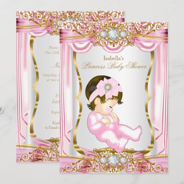 Pretty Brunette Princess Baby Shower Pink Silk Invitation (Front/Back)