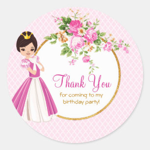 Pretty Brunette Princess Birthday Thank You Classic Round Sticker
