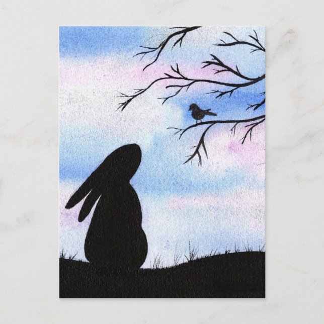 Pretty Bunny & Bird Watercolour Silhouette Card (Front)