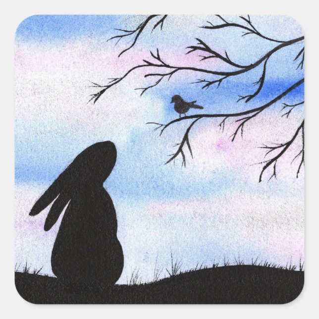 Pretty Bunny & Bird Watercolour Silhouette Square Sticker (Front)