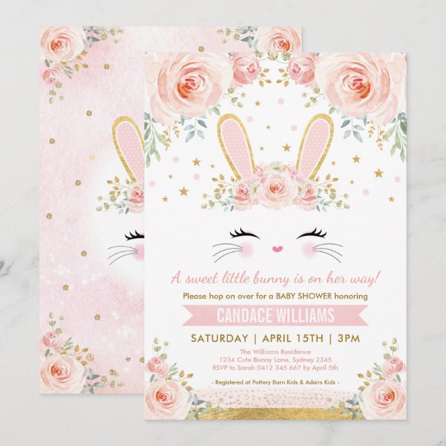 Pretty Bunny Girl Baby Shower / Blush Gold Rabbit Invitation (Front/Back)